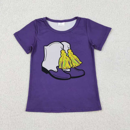 Sibling Baby Girls Purple Short Sleeve Bow Donuts Boots Tassel Mardigras T-shirts Tops