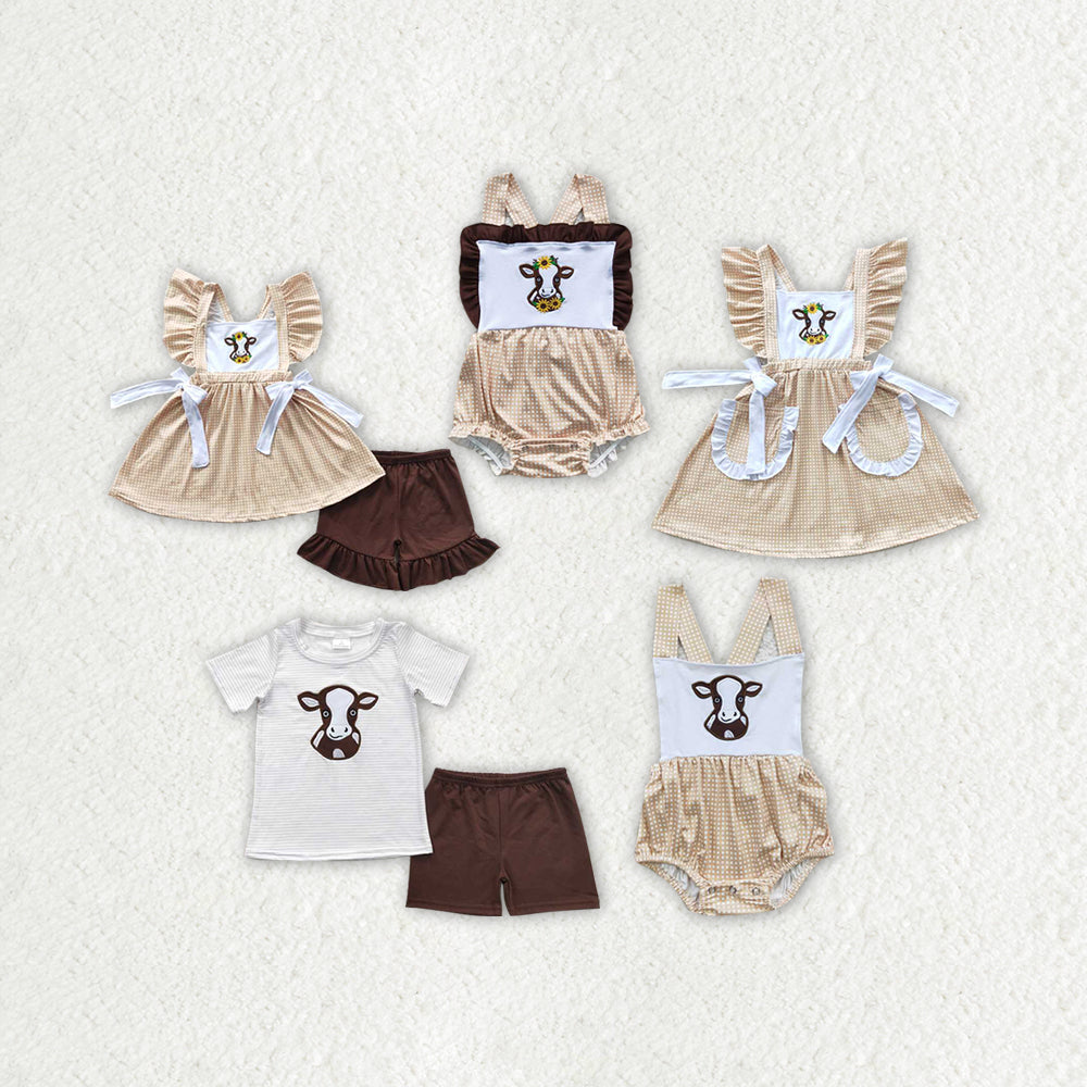 Sibling Boys Baby Girls Western Sunflower Cow Outfits Suits