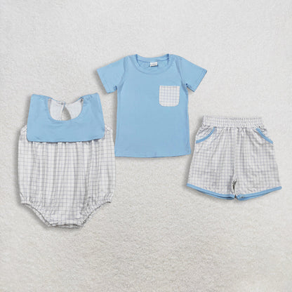 Sibling Baby Boys Light Blue Pocket Top Pockets Short Checked Rompers