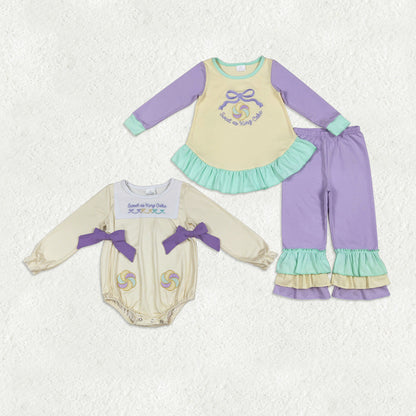Sibling Baby Girls Embroidery Sweet as King Cake Ruffle Pants Mardigras Set Rompers
