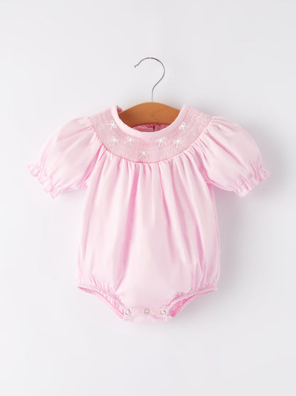 White Bow Smock Embroidered Pink Romper
