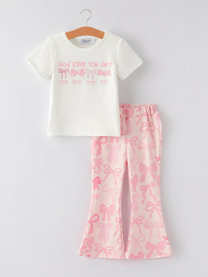 Girls Milk Silk Letters Bow Print Set
