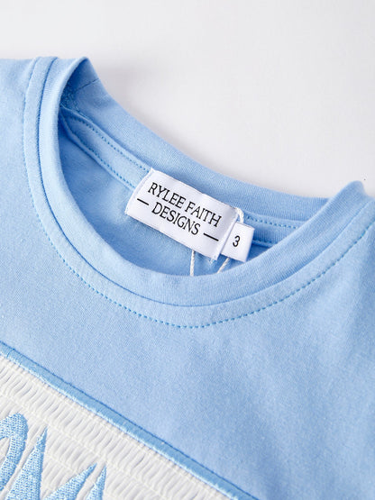 "I ❤ MOMMY" Embroidery Smocking Baby Boys Striped Shorts Set