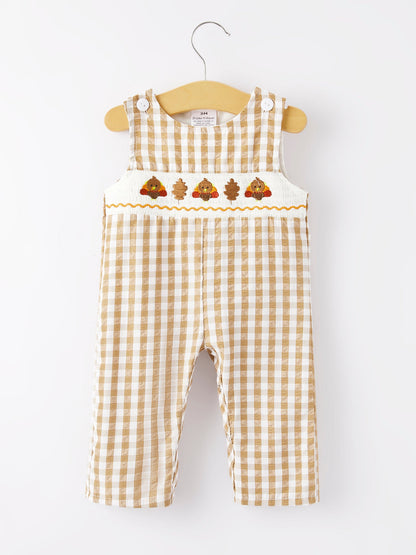 Boys Thanksgiving Smocking Embroidered Brown Plaid Romper