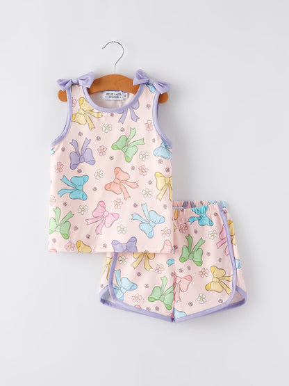 Girls Purple Bow Sleeveless Vest Top and Shorts Set
