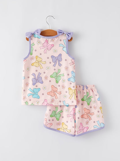 Girls Purple Bow Sleeveless Vest Top and Shorts Set