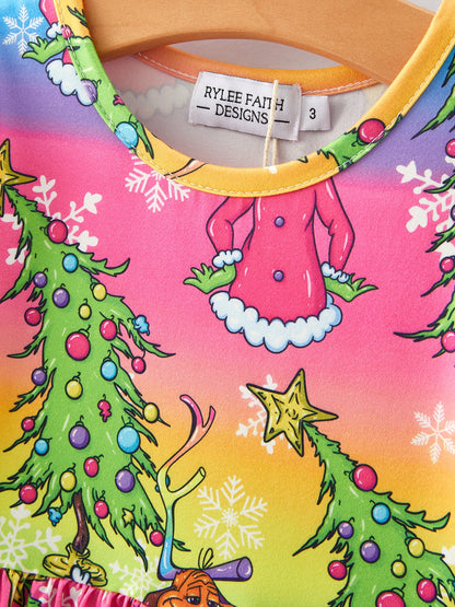 Christmas Cartoon Characters Print Rainbow Girls Dress