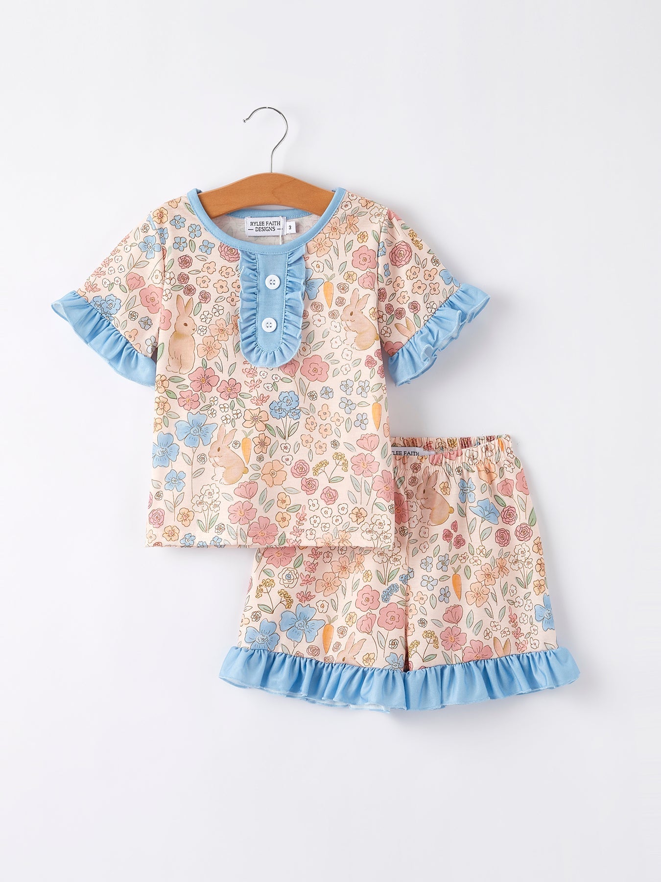Easter Girls Blue Bunny Floral Print Pajamas Set