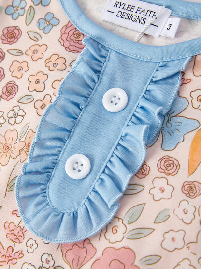 Easter Girls Blue Bunny Floral Print Pajamas Set