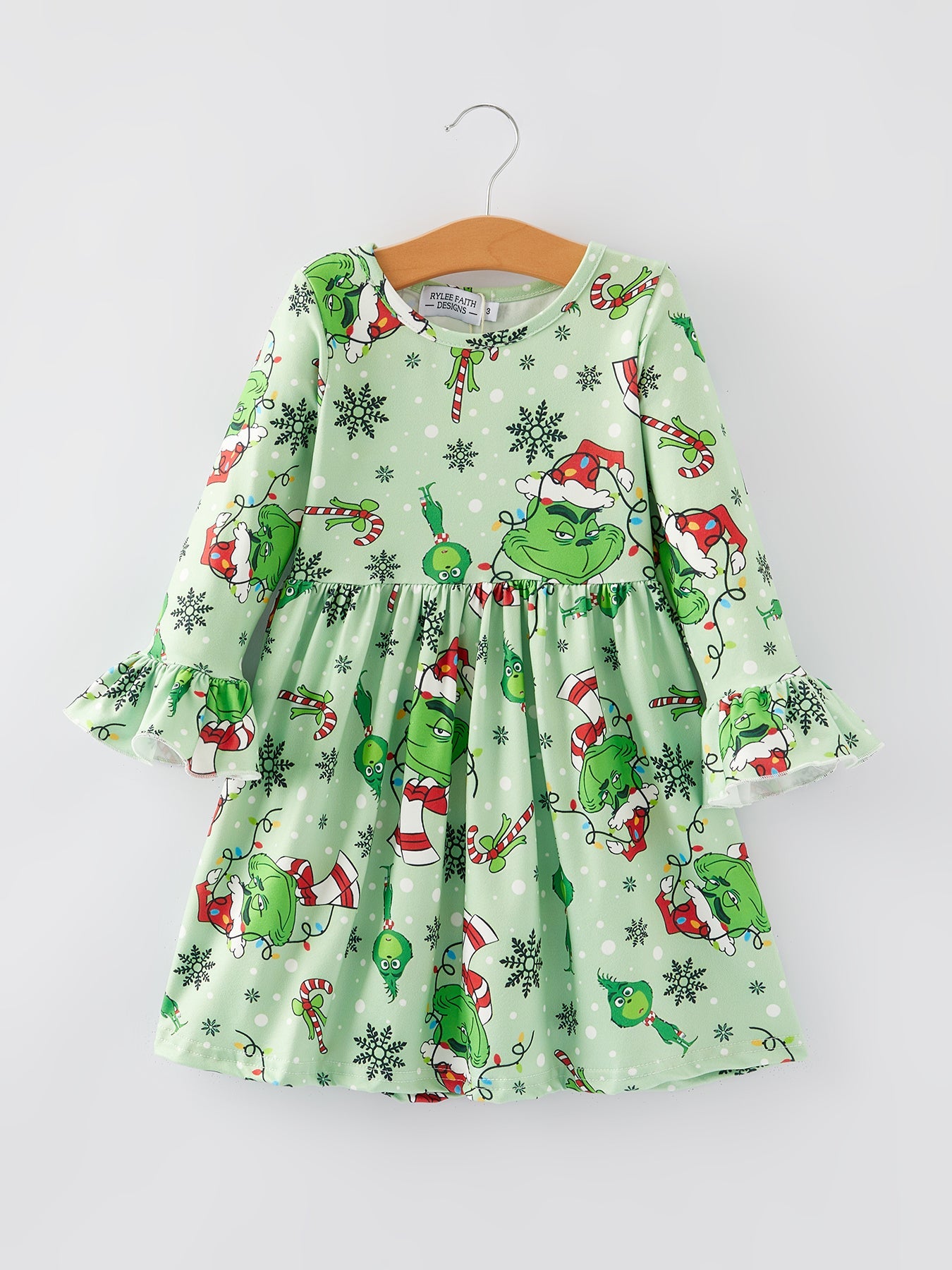 Christmas Cartoon Characters Print Green Girls Dress