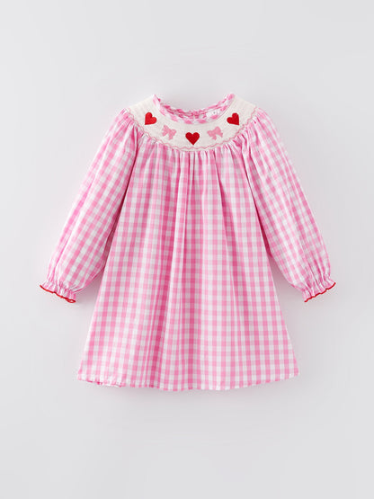 Valentine's Day Heart Bow Smocking Embroidered Pink Dress