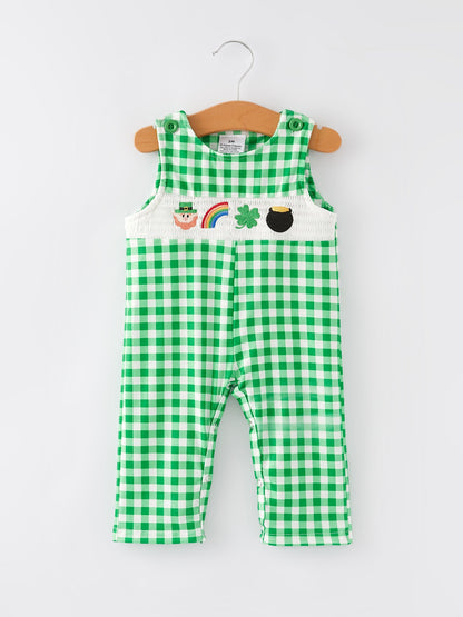 St. Patrick's Day  shamrock Smocking Embroidered Green Plaid Boys' Romper