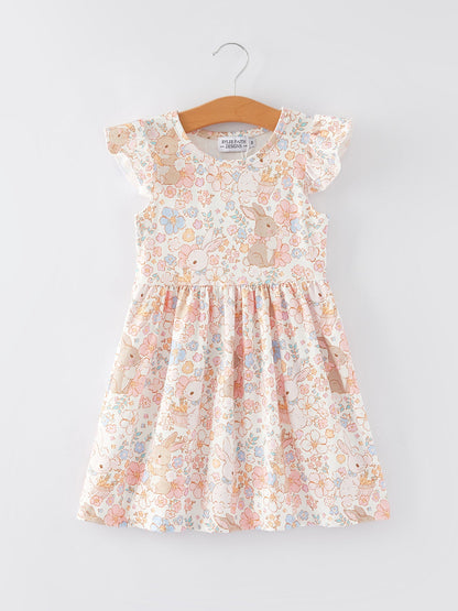 Easter Bunny Floral Print Fly Sleeve Girls Dress