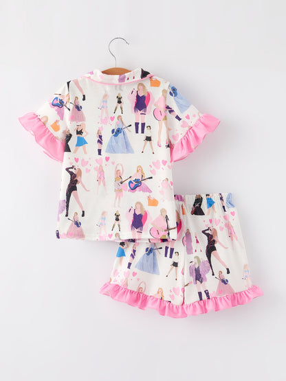 Mommy Me Girls TS Lapel Button Short Sleeve Shorts Ruffle Pajama Set