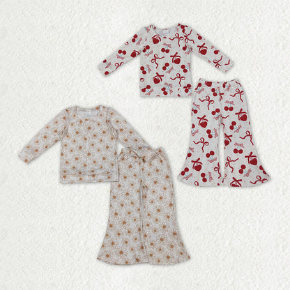 Sibling Baby Girls Daisy Flowers Cherry Hearts Shirts Top Flare Pant Clothes Sets