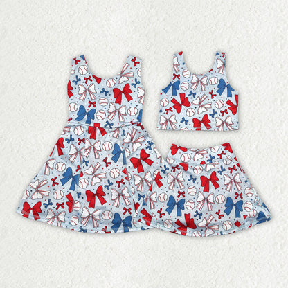 Sibling Baby Girls Baseball 4th Of July Yoga Active Wear Vest Skort Sets Knee Length Dresses