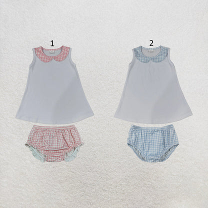 Sibling Baby Kids Sleeveless Collar Tunic Checked Bummies Clothes Sets
