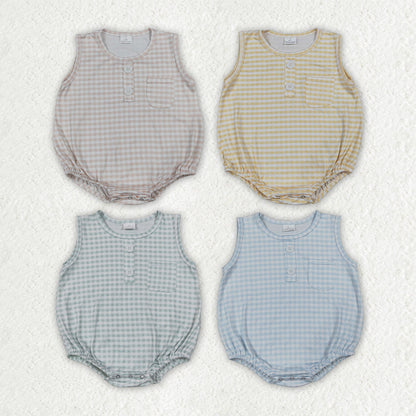 Sibling Baby Boys Sleeveless Colorful Checked Button Pocket Rompers