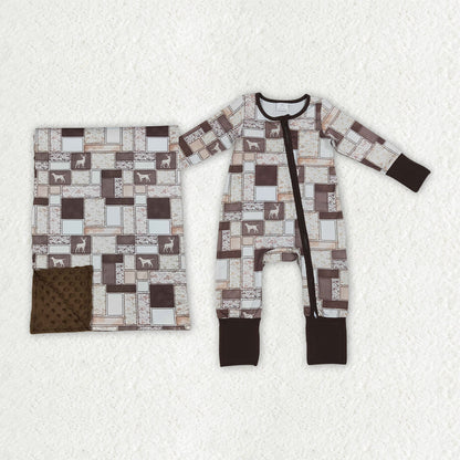 Sibling Baby Boys Deer Ducks Camo Checked Hunting Zip Rompers Blanket