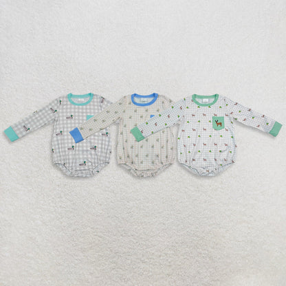 Sibling Baby Boys Embroidery Ducks Deer Pockets Hunting Checked Rompers