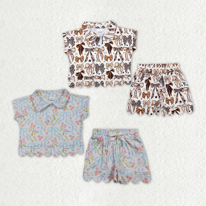 Sibling Baby Girls Bows Flowers Zip Pullovers Pockets Shorts Scallop Clothes Sets
