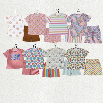 Sibling Baby Girls Colorful Stripe Floral Shirt Short Summer Clothes Sets