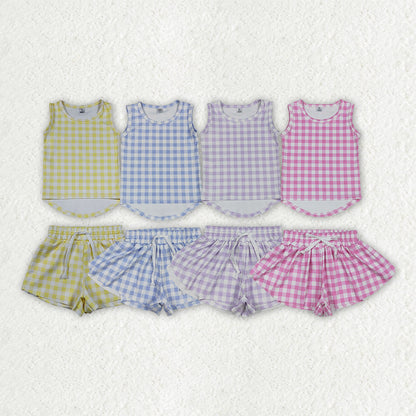 Sibling Baby Girls Checked Vest Top Butterfly Shorts Yoga Active Clothes Sets