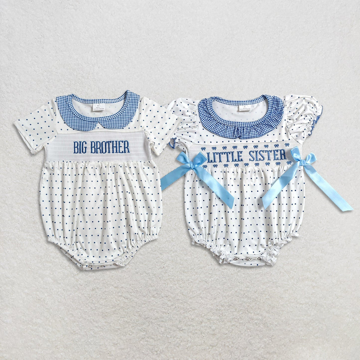 Sibling Smocked Little Sister Brother Baby Kids Short Sleeve Polka Dots Rompers