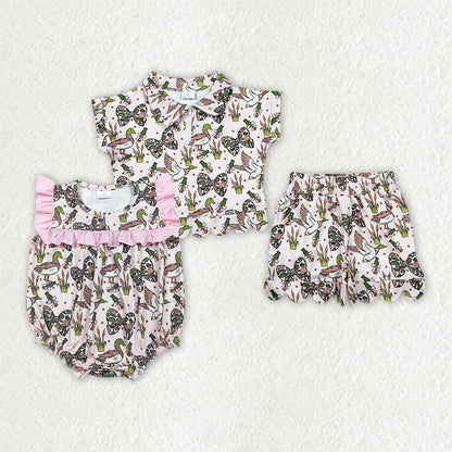 Sibling Baby Girls Camo Ducks Zip Pullovers Pocket Short Scallop Clothes Set Ruffle Rompers