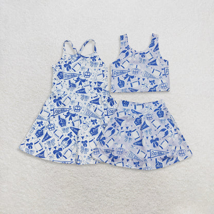 Sibling Baby Girls Blue Bows Footballs Team Shorts Yoga Clothes Set Knee Length Dresses