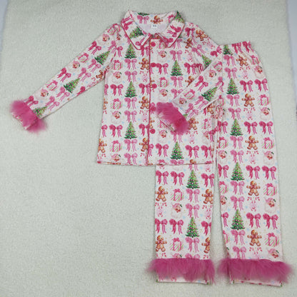 Sibling Adult Women Bows Santa Trees Button Top Pants Christmas Fur Pajamas Sets