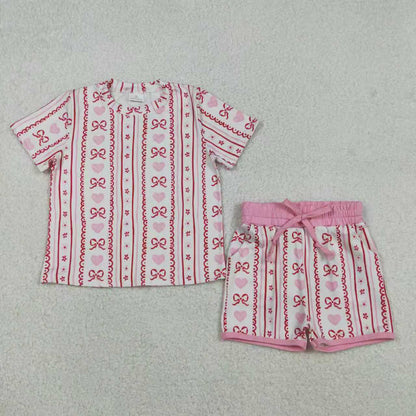 Sibling Baby Girls Bows Hearts Stripe Pants Pockets Shorts Pajamas Clothes Sets Ruffle Zip Rompers