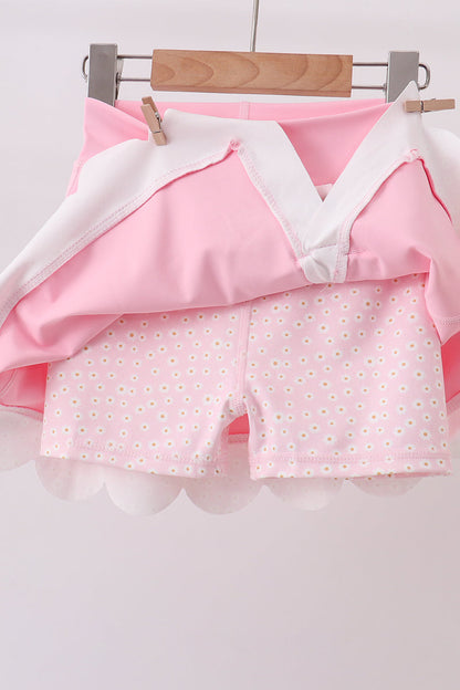Pink scalloped active skorts set
