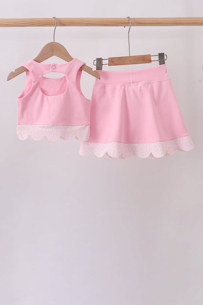 Pink scalloped active skorts set
