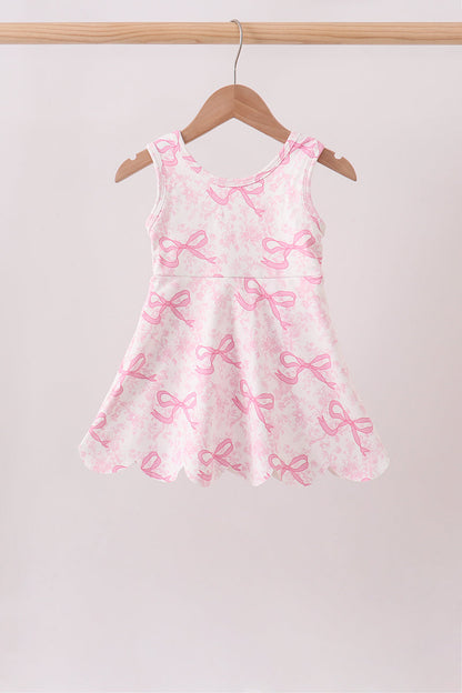 Pink Performance Bow Print Scalloped Dress