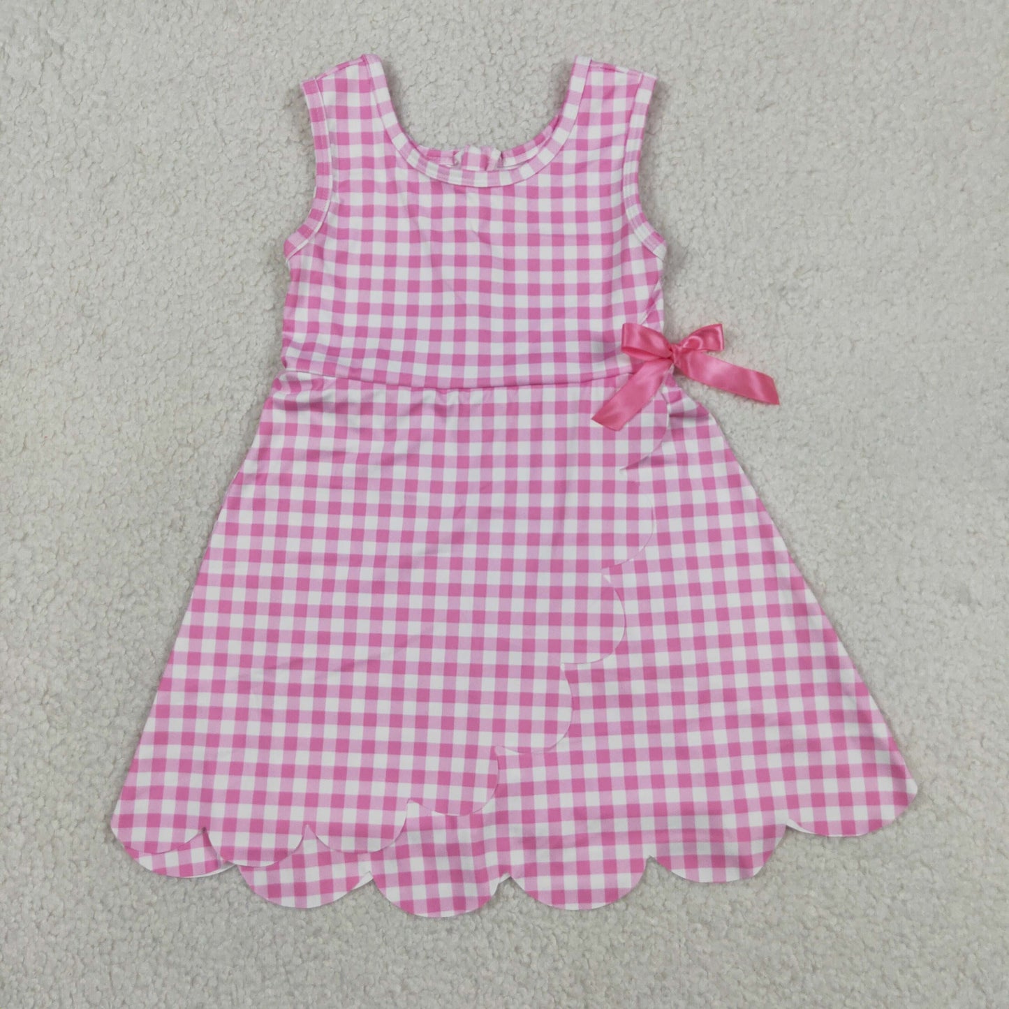 Pink Performance Gingham Bow Scalloped Dress