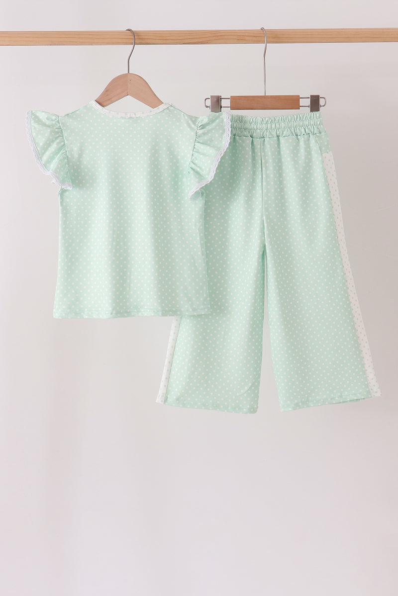 Green polka dot pocket ruffle pants set