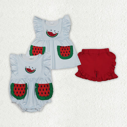 Sibling Baby Girls Embroidery Watermelons Pockets Tunic Ruffle Short Clothes Set Rompers