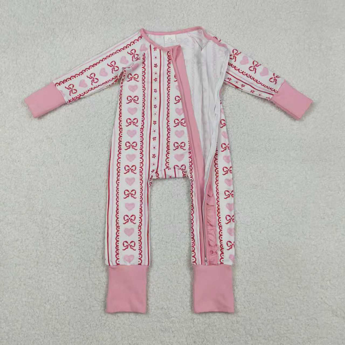 Sibling Baby Girls Pink Hearts Bows Stripes Valentines Pajamas Sets Ruffle Zipper Rompers