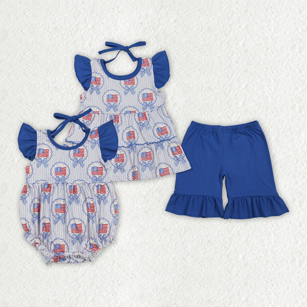 Sibling Baby Girls Flags Bows Tunic Ruffle Short 4th of July Clothes Set Rompers