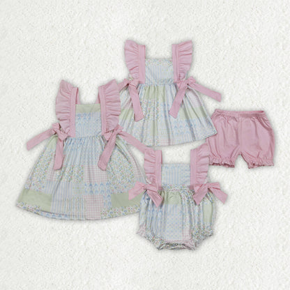 Sibling Baby Girls Flowers Checked Tunic Ruffle Shorts Clothes Set Knee Length Dress Rompers