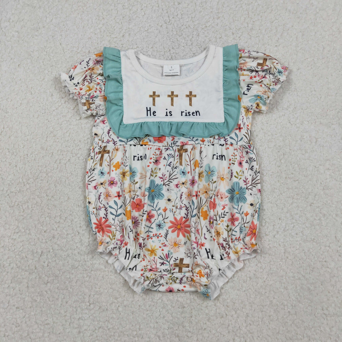 Sibling Baby Girls He is Risen Crosses Flowers Easter Knee Length Dresses Rompers