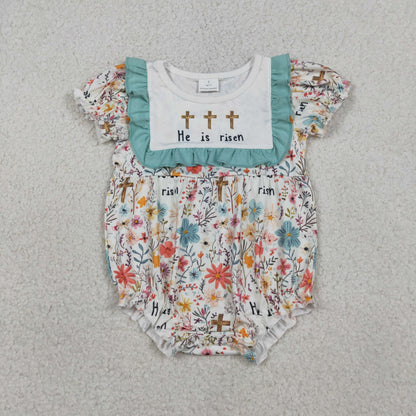 Sibling Baby Girls He is Risen Crosses Flowers Easter Knee Length Dresses Rompers