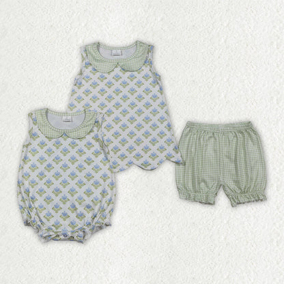 Sibling Baby Girls Flowers Checked Collar Scallop Tunic Ruffle Short Clothes Set Rompers