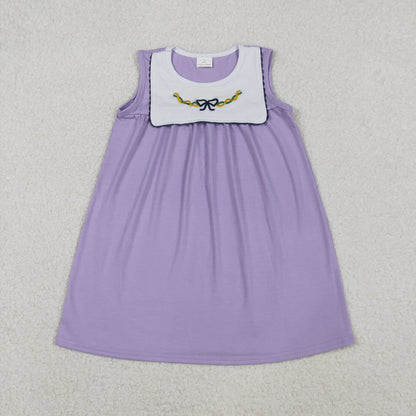 Sibling Baby Girls Mardigras Lavender Embroidery Bows Knee Length Dress Ruffle Rompers