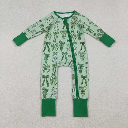 Sibling Baby Girls Green Clovers Bows Top Pants St Patrick Pajamas Sets Zipper Rompers