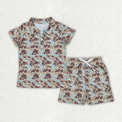 Sibling Baby Boys Southern Khaki Camo Polo Hoodie Tops Pockets Shorts Set Shorts Rompers
