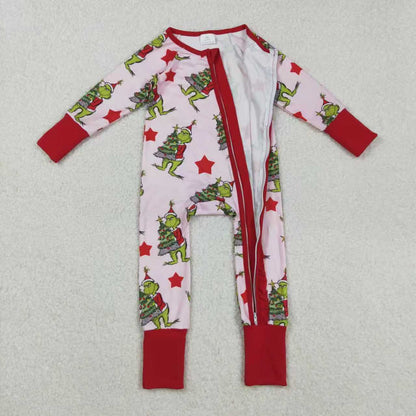 Sibling Baby Girls Christmas Green Face Stars Pajamas Set Zipper Footie Romper Knee Length Dresses