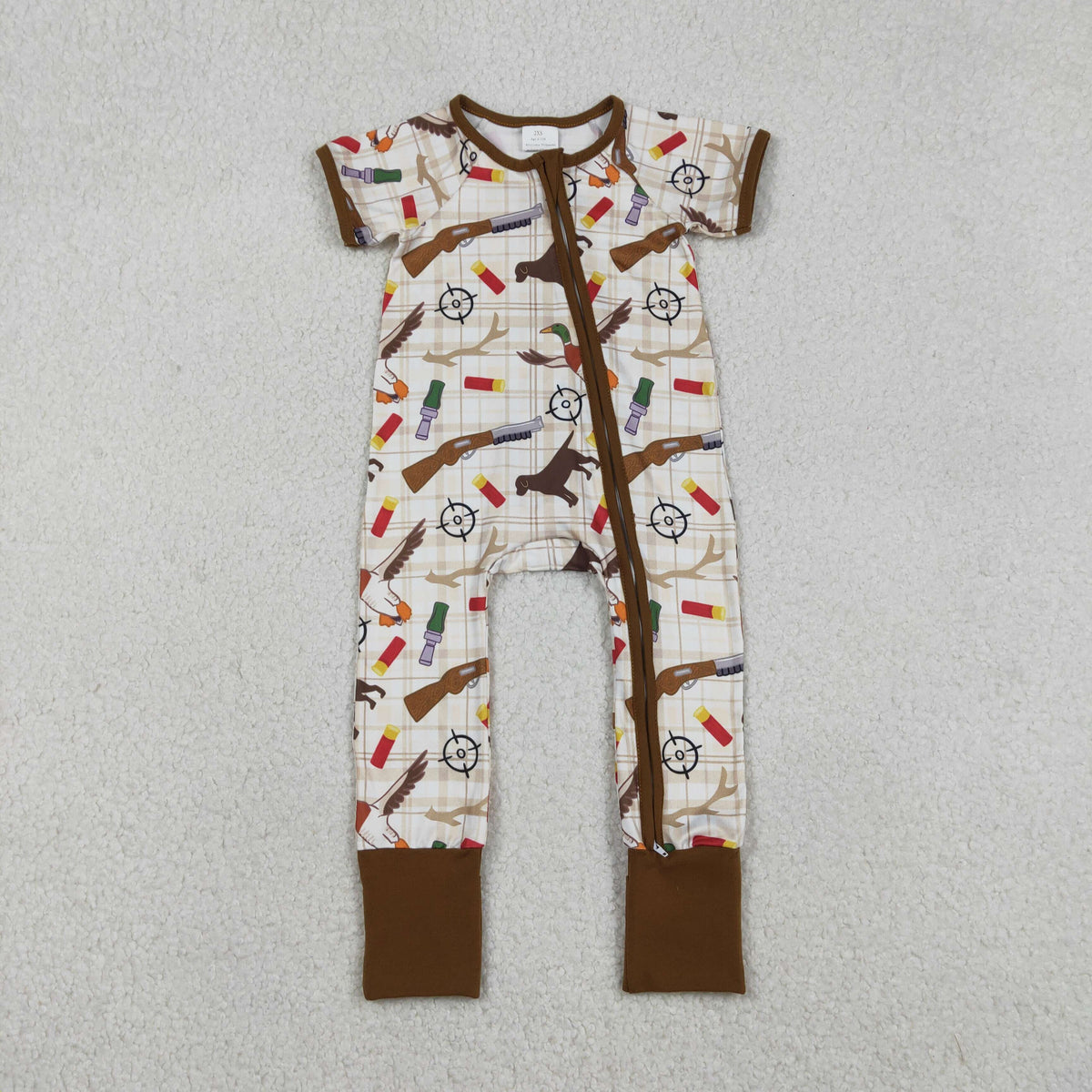 Sibling Baby Boys Dogs Ducks Checked Pants Hunting Pajamas Set Zipper Rompers