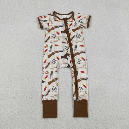 Sibling Baby Boys Dogs Ducks Checked Pants Hunting Pajamas Set Zipper Rompers